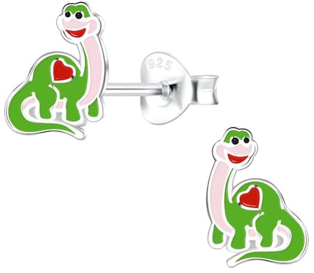 Joy|S - Zilveren dinosaurus oorbellen - 7 x 9 mm - rood hartje - sterling zilver 925 - kinderoorbellen