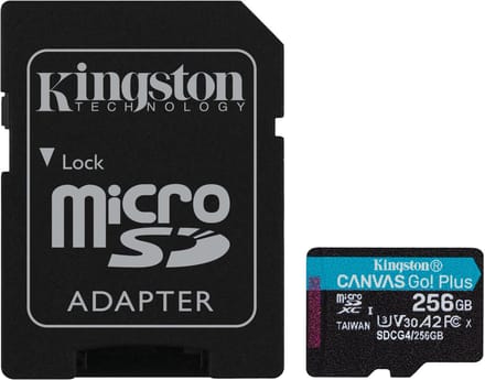 Kingston Technology 256 GB microSDXC Canvas Go Plus Gen4 200 MB/s A2 U3 V30 kaart + adapter