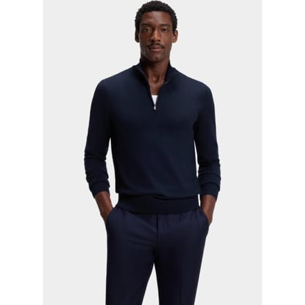 BOSS Ebenji regular fit half-zip trui wol - heren trui middeldik met korte rits - donkerblauw