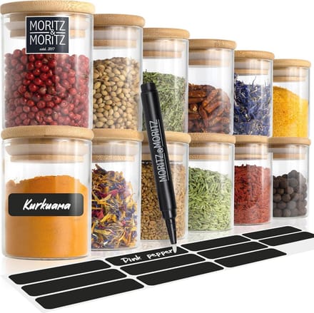 Set van 12 luchtdichte kruidenpotjes met bamboedeksel en krijtstift