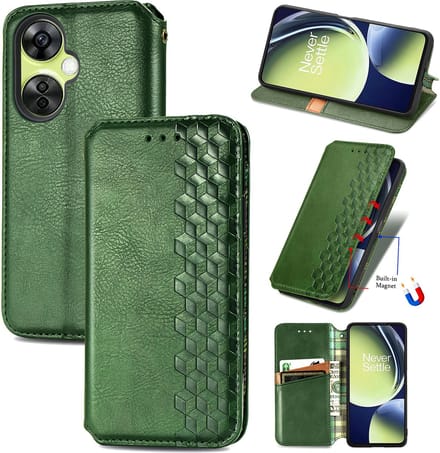 Luxe PU Lederen Ruitpatroon Wallet Case + PMMA Screenprotector voor OnePlus Nord CE 3 Lite _ Groen