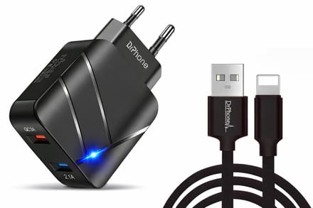 DrPhone Kevlar Pro Lightning Oplader Set – 3M TPE Lightning Kabel + Dual USB Thuislader – 2 Poorten – Geschikt voor iPhone / iPad / iPod – Zwart