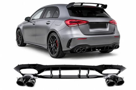 Diffuser geschikt voor Mercedes A klasse W177 hatchback 2019+ dubbele zwarte ronde uitlaatsierstukken.