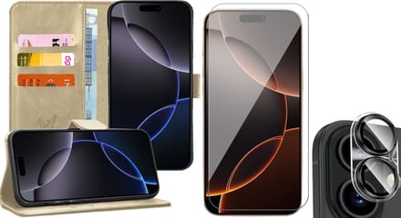 Hoesje geschikt voor iPhone 16 - Screenprotector Glas & Camera - Portemonnee Book Case Goud