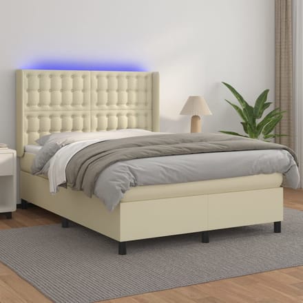 vidaXL - Boxspring - met - matras - en - LED - kunstleer - crèmekleurig - 140x190 - cm