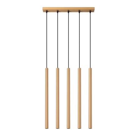 Hanglamp PASTELO 5L met 5 slanke buizen in lijn - Sollux Lighting - IP20 - Goud staal behuizing - 45 x 5 x 110 cm - 5 x G9 LED, exclusief lichtbron - 5 x 8 W - Moderne hanglamp voor woonkamer, slaapkamer en eetkamer