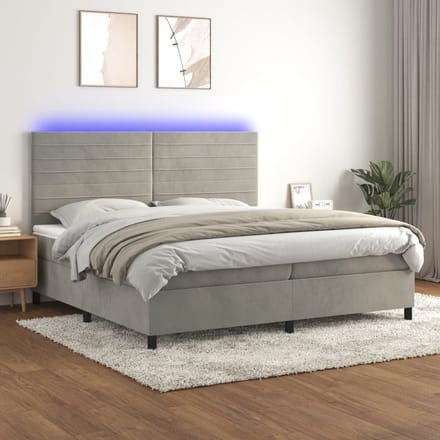 vidaXL - Boxspring - met - matras - en - LED - fluweel - lichtgrijs - 200x200 - cm