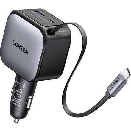 UGREEN EC602 60W Car Charger Autolader 60 W 2x USB-C, 1x USB-A QC 3.0, USB PD 3.0 Grijs Auto, Vrachtwagen Opwikkelbare USB-C-kabel