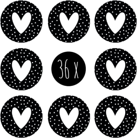 36x Stickers / Sluitstickers | HARTJE | 25 mm | rond | zwart & wit