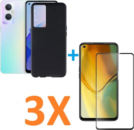 Soft TPU Zwart hoesje Silicone Case + 3 stuk Full Glas Screenprotector Geschikt voor: Oppo A96