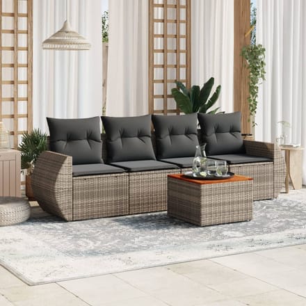 vidaXL - 5-delige - Loungeset - met - kussens - poly - rattan - grijs