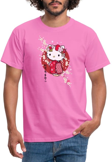 Hello Kitty In Een Rode Kimono En Kersenbloesems T-Shirt Heren