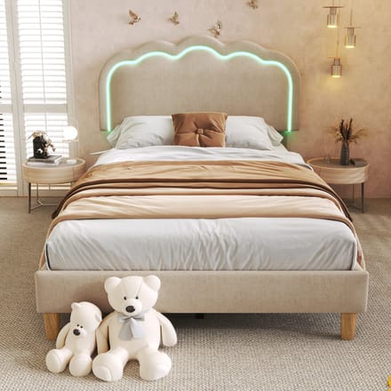 Gestoffeerd Bed LED Eenpersoonsbed 90 x 200 cm, Bedframe met Lattenbodem en Verstelbaar Hoofdeinde, Beige, Bedframe, Fluweel