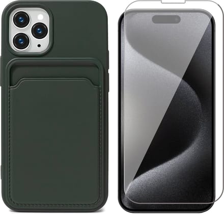 Hoesje Pasjeshouder geschikt voor iPhone 15 Pro - Screenprotector GlassGuard - Siliconen Case Back Cover Groen & Screen Protector
