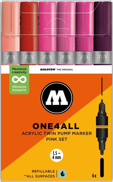 MOLOTOW ONE4ALL TWIN Acrylstiften Set - Roze - 6x (1,5+4mm) - Pink Set