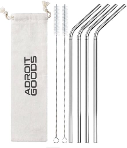 AdroitGoods RVS rietjes Gebogen - Set van 4 herbruikbare rietjes - 21 cm - Met opberghoes