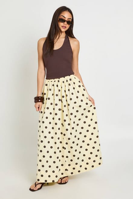 boohoo Dames Lange Polkadot Poplin Volume Maxi Rok | Citroen | Maat: 36