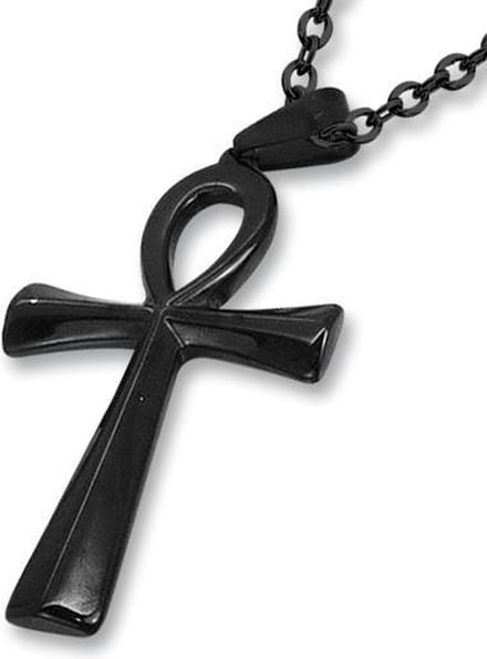 Amanto Ketting Dain Black L - 316L Staal - Kruis - Ankh - 64x38mm - 60cm
