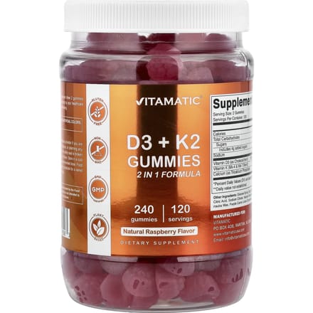 Vitamatic, D3 + K2 Gummies, Natuurlijke Framboos, 240 Gummies