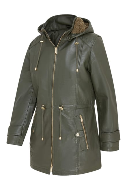 Dames groene leren parka met afneembare borg capuchon en trenchcoat - Trekker