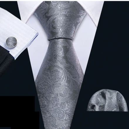 3-Delig-Stropdasset-Zijde- Midden grijs- Bloem - Charme Bijoux