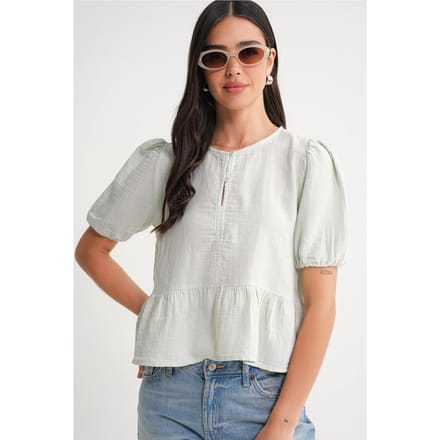 Gestructureerde Musselinen Crew Neck Blouse met Knopsluiting