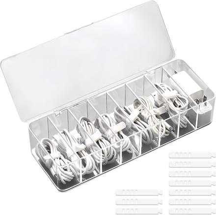 Famanu – Kabelopbergdoos, transparant, opbergdoos voor datakabel met 8 vakken en 10 kabelbinders, organizer, kabelopbergdoos