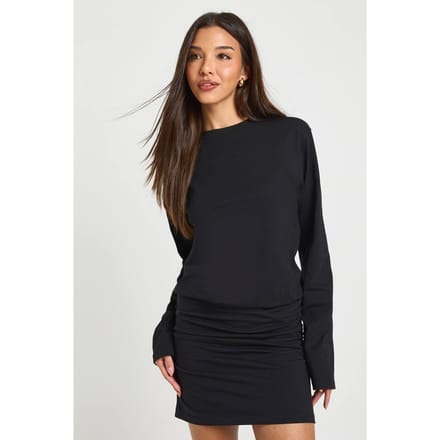 boohoo Dames Gerimpelde Lange Mouw T-shirt Mini Jurk | Black | Maat: 8