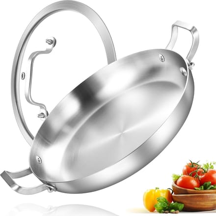 Grote Paella Pan 33 cm RVS Drielaags met Deksel - Geschikt voor Inductie