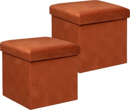 Atmosphera Poef/krukje/hocker Amber - 2x - Opvouwbare zit opslag box - fluweel Terracotta - D38 x H38 cm - MDF/polyester