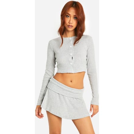 boohoo Dames Geborstelde ribcardigan en minirok set | Houtskool | Maat: 42
