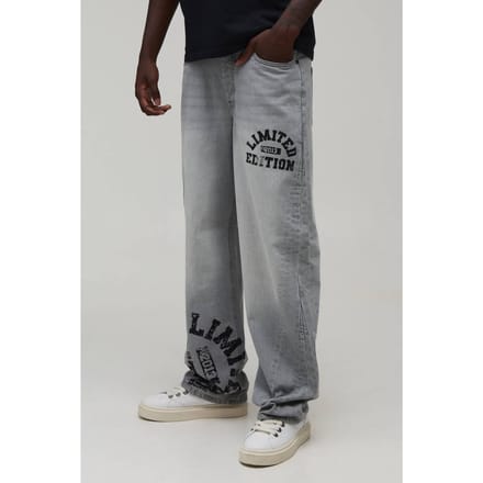 Relaxed Jeans Met Varsity Print En Contrast | Ice Grey | Size 36
