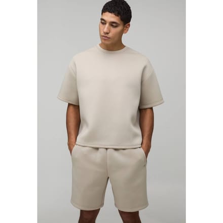 Oversized Boxy Bonded Scuba T-shirt & Ontspannen Short Set | Stone | Size Medium