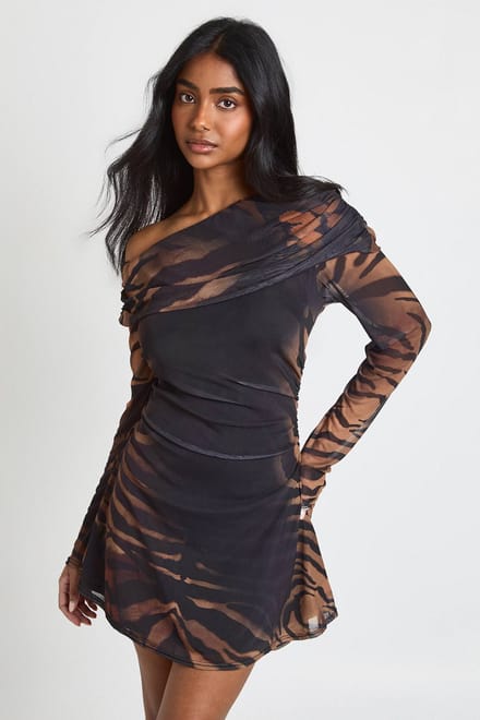 boohoo Dames Eenschouder Tonale Dierenprint Mini Jurk | Zwart | Maat: 42