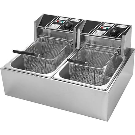 Aoresac Elektrische Frituurpan Dubbele Tank met 2 Manden Capaciteit 6L * 2 Elektrische Tafelmodel Frituurpan US Plug zilver