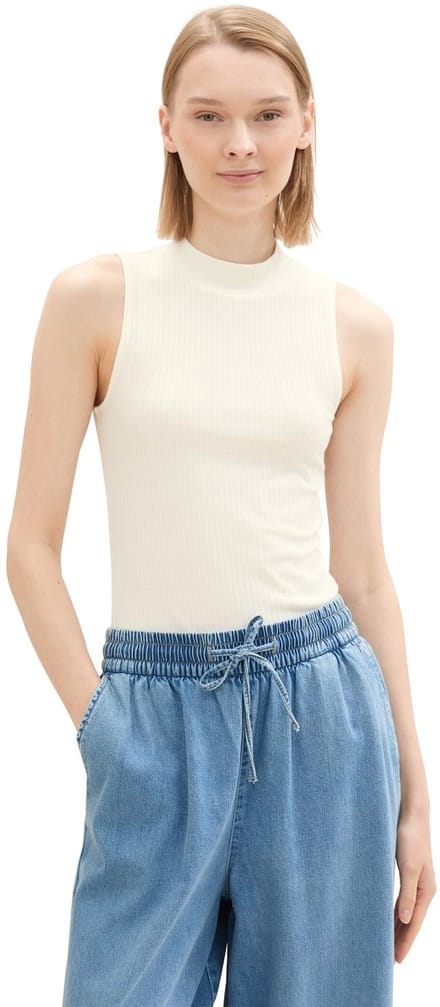 Tom Tailor Denim - Geribbeld topje met opstaande kraag - Maat XL - off white