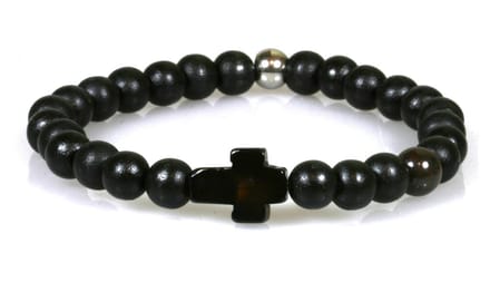 IbizaMen - Zwart mat hout 8mm - kruisje - RVS kraal - 19cm