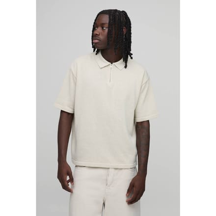 Oversized Boxy 1/4 Zip Cotton Blend Knitted Polo T-Shirt | Stone | Size XL