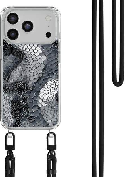 Casimoda® hoesje met zwart koord - Geschikt voor iPhone 17 Pro - Python Grijs - Afneembaar koord - TPU/polycarbonaat - Grijs