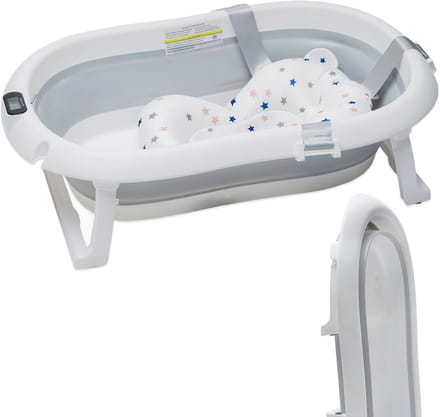 Babybadje met thermometer, antislip en opvouwbaar, voor 0-2 jaar, grijs