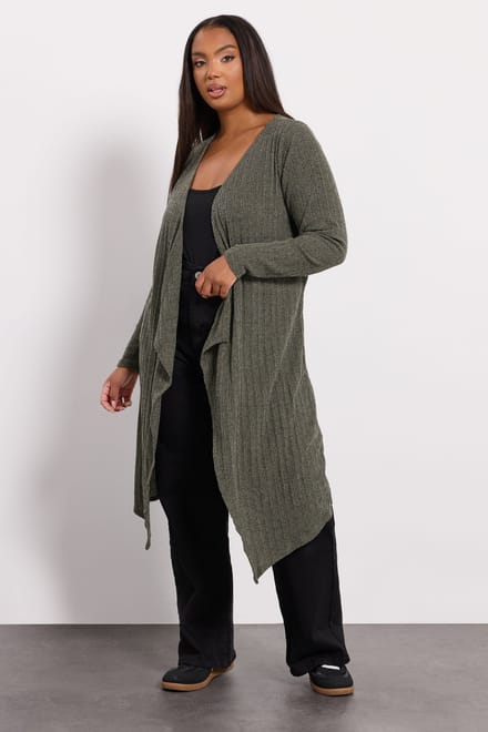 Yours Khaki Groen Geribbeld Midaxi Waterval Cardigan Size 46
