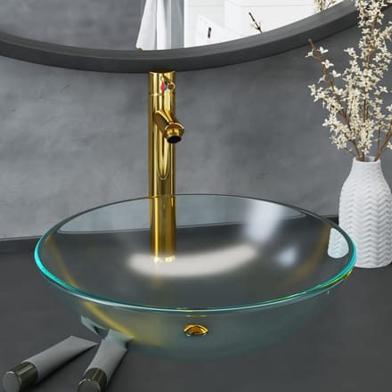vidaXL - Wastafel - met - kraan - en - pop-up - afvoer - mat - gehard - glas