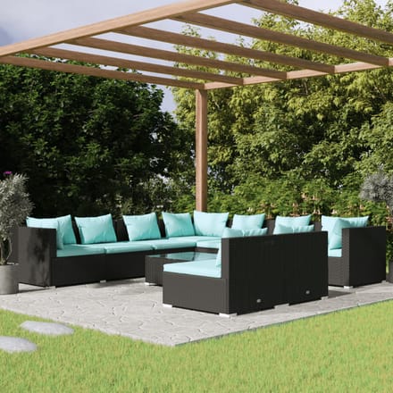 vidaXL - 10-delige - Loungeset - met - kussens - poly - rattan - zwart