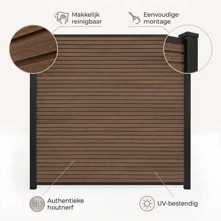 Schutting - TEAK - Composiet schutting - Aluminium palen - COMPLETE SET schuttingdeel met 1 multipaal
