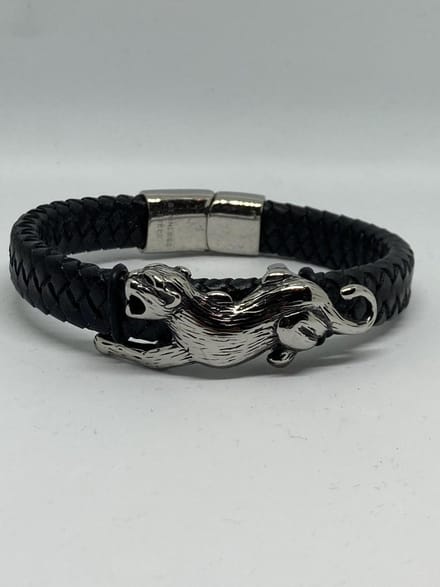RH-Jewelry. Lederen armband met stalen panter. 22 cm