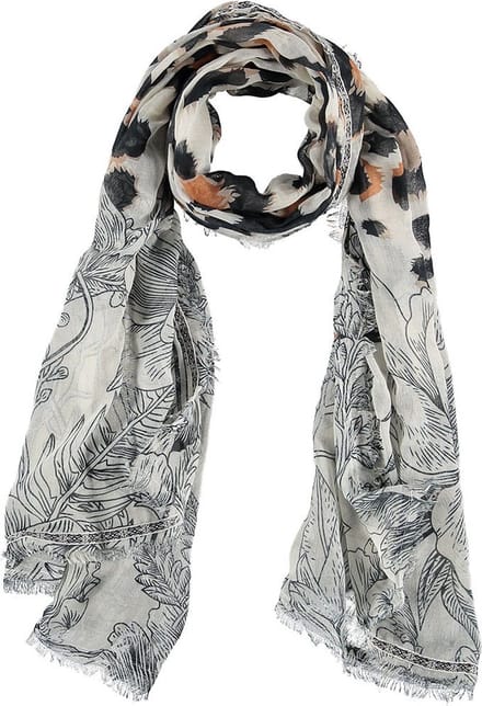 Sarlini Langwerpige Sjaal Leopard/Leaves Zwart