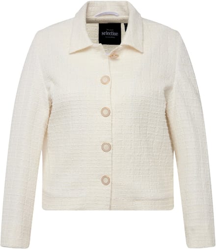 Ulla Popken - Dames - Bouclé-jasje overhemdkraag acetaatvoering - Off-white - Maat 46+
