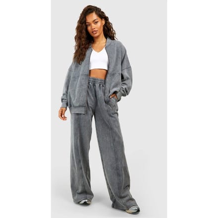 boohoo Dames Gewassen Zip-Through Bomber Straight Leg Trainingspak | Houtskool | Maat: Medium