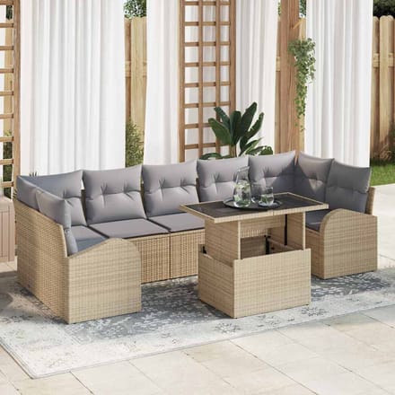vidaXL Tuinbank Set met kussen met opslag 8 pcs Beige Poly Riet