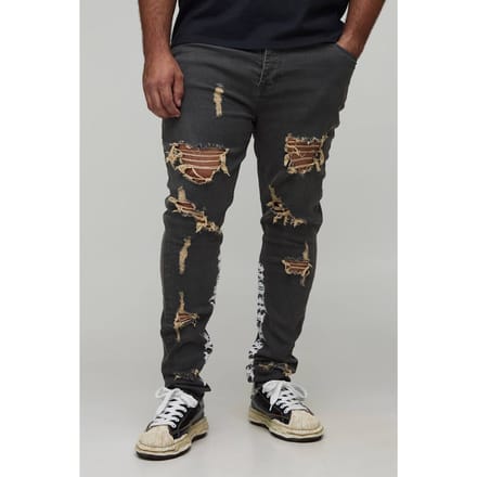 Plus Stacked Skinny Distressed Embroidered Gusset Jeans | Mid Grey | Size 54